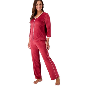 BREEZIES Velour Lounge Suit, Deep Berry Color With Ivory Satin Trim, Size 3X